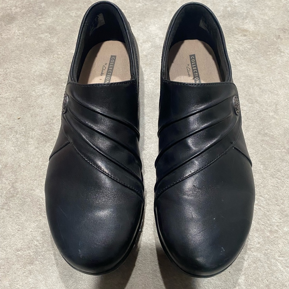 Clarks Hope Roxanne Women's US 8 Black Leather Slip On Loafer Soft Cushion Shoes